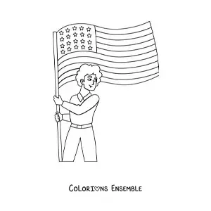 Image à colorier d'un garçon tenant le drapeau des États-Unis