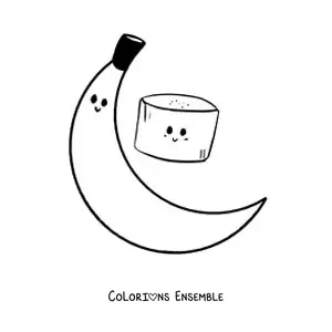 Image à colorier d'une banane kawaii entière à côté d'un morceau de banane kawaii