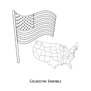 Image à colorier du drapeau des États-Unis à côté d'une carte