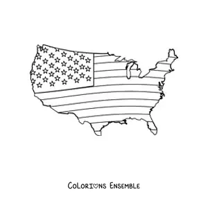 Image à colorier du drapeau des États-Unis posé sur une carte