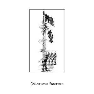 Image à colorier de révolutionnaires remplaçant le drapeau de l'Angleterre par celui des États-Unis