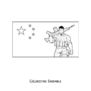 Image à colorier du drapeau de la Chine avec un soldat