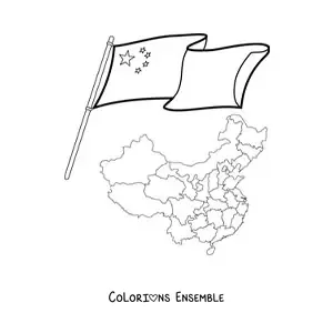 Image à colorier du drapeau de la Chine à côté d'une carte