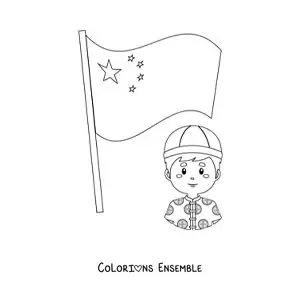 Image à colorier du drapeau de la Chine avec un personnage chinois kawaii