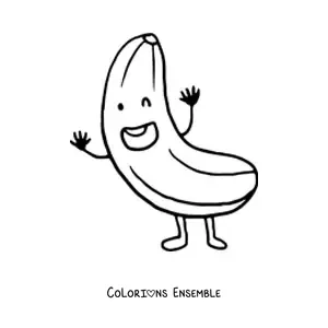 Image à colorier d'une banane animée qui salue joyeusement