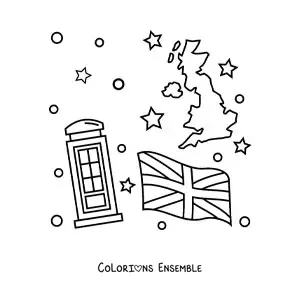 Image à colorier du drapeau du Royaume-Uni avec une carte et une cabine téléphonique