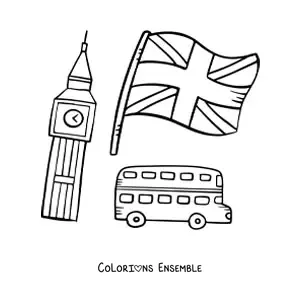 Image à colorier du drapeau du Royaume-Uni avec Big Ben et un bus à impériale