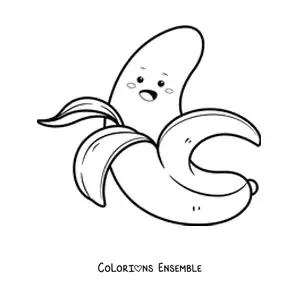 Image à colorier d'une banane animée kawaii avec la peau ouverte
