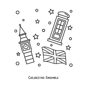 Image à colorier du drapeau du Royaume-Uni avec Big Ben et une cabine téléphonique