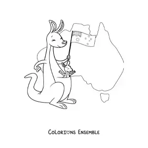 Image à colorier de deux kangourous kawaii avec le drapeau de l’Australie et une carte en fond