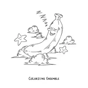 Image à colorier d'une banane animée qui dort parmi les nuages et les étoiles