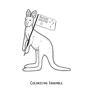 Image à colorier d’un kangourou avec le drapeau de l’Australie