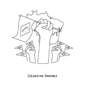 Image à colorier de plusieurs mains tenant le drapeau du Brésil avec une carte en fond