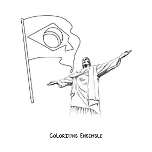 Image à colorier du drapeau du Brésil avec le Christ Rédempteur