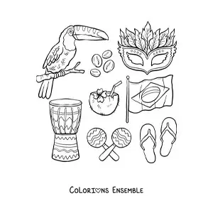 Image à colorier du drapeau du Brésil avec un toucan, un tambour, des maracas, une noix de coco et un masque