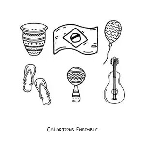 Image à colorier du drapeau du Brésil avec un tambour, une maraca, un instrument et une sandale