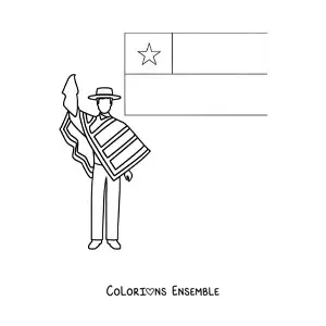 Image à colorier d’un homme en habit traditionnel chilien à côté du drapeau du Chili
