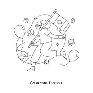 Image à colorier d’une jeune fille tenant le drapeau du Canada et des feuilles
