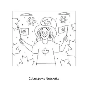 Image à colorier d’une jeune fille tenant le drapeau du Canada et un chapeau