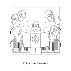 Image à colorier d’une jeune fille tenant le drapeau du Canada et des ballons