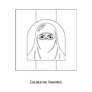 Image à colorier du drapeau de l’Afghanistan avec une femme au visage couvert