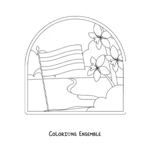 Image à colorier du drapeau du Costa Rica dans un paysage avec la fleur nationale