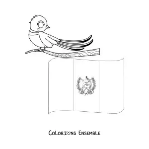 Image à colorier du drapeau du Guatemala avec l’oiseau national