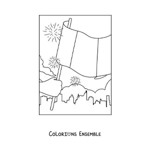 Image à colorier d'une main tenant le drapeau de la France dans la ville