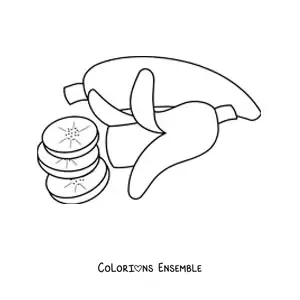 Image à colorier d'une banane entière à côté d'une banane coupée en morceaux