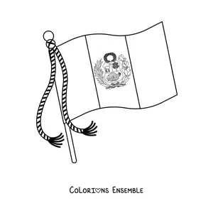 Image à colorier du drapeau du Pérou avec blason flottant sur un mât