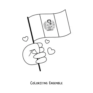 Image à colorier d'une main tenant le drapeau du Pérou avec blason