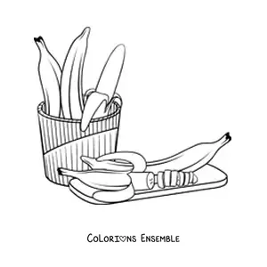 Image à colorier de plusieurs bananes à côté d'une banane coupée en morceaux