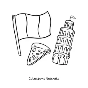 Image à colorier du drapeau de l'Italie avec une pizza et la tour de Pise