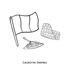 Image à colorier du drapeau de l'Italie avec des pâtes et le Colisée de Rome
