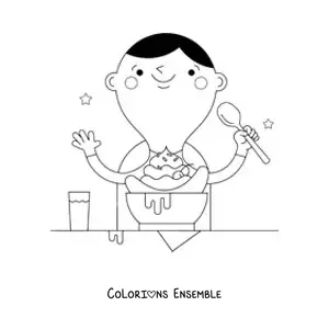 Image à colorier d'un garçon heureux qui mange un banana split