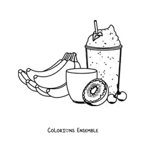 Image à colorier d'un verre de milkshake à la banane avec un kiwi et une cerise