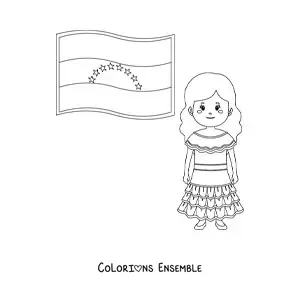 Image à colorier d'une fille avec le drapeau du Venezuela