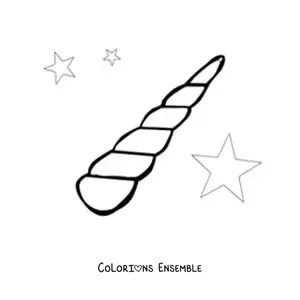 Image à colorier d’une corne de licorne avec des étoiles en arrière-plan