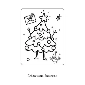 Image à colorier d'un sapin de Noël kawaii animé avec une étoile