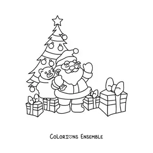 Image à colorier du Père Noël avec un sapin de Noël et des cadeaux