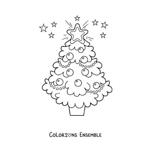 Image à colorier d'un grand sapin de Noël décoré d'étoiles tout autour