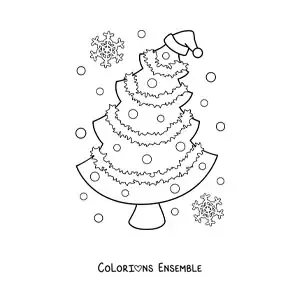 Image à colorier d'un sapin de Noël avec un bonnet de Noël et des flocons de neige autour