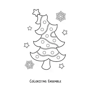 Image à colorier d'un sapin de Noël avec des étoiles et des flocons de neige en arrière-plan