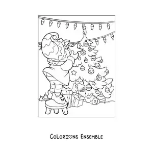 Image à colorier d'un lutin du Père Noël posant l'étoile sur le sapin