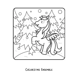 Image à colorier d'une licorne animée à côté d'un sapin de Noël