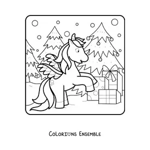 Image à colorier d'une licorne animée à côté d'un sapin de Noël avec des cadeaux