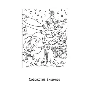 Image à colorier d'un cochon animé déguisé en Père Noël avec un sapin de Noël et des cadeaux