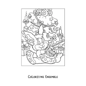 Image à colorier d'un lapin animé ouvrant des cadeaux près d'un sapin de Noël