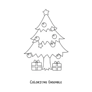 Image à colorier d'un sapin de Noël avec des cadeaux