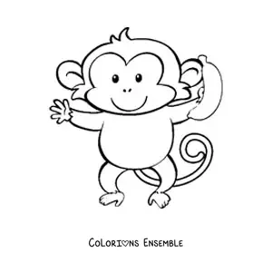Image à colorier d'un singe animé kawaii qui mange une banane